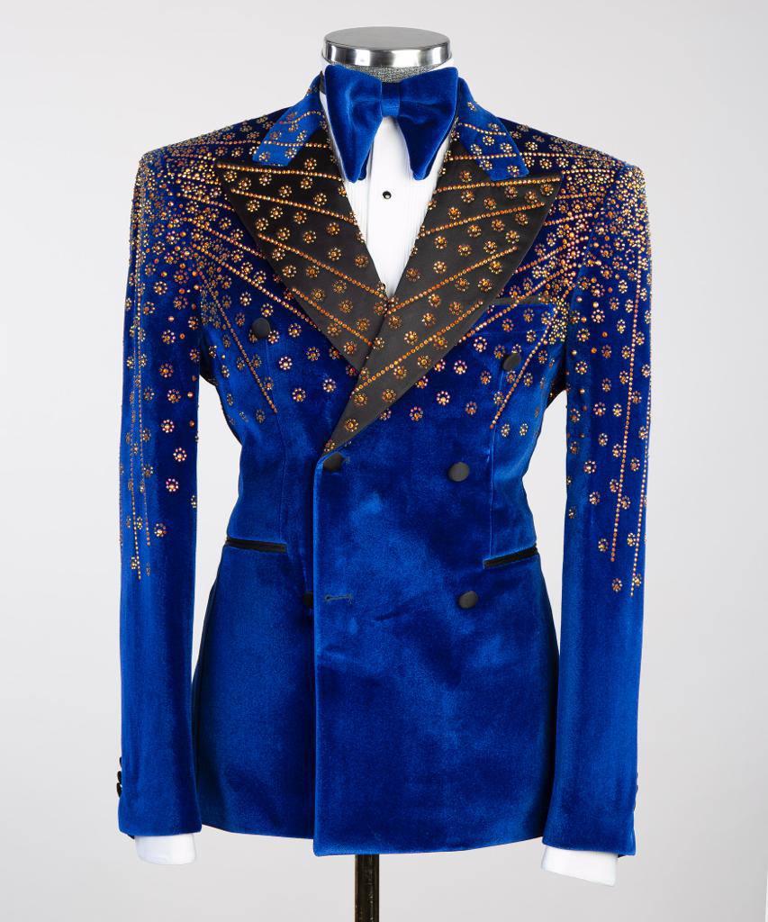 Blauer Samt-Smoking, goldener Strass, Zweireiher