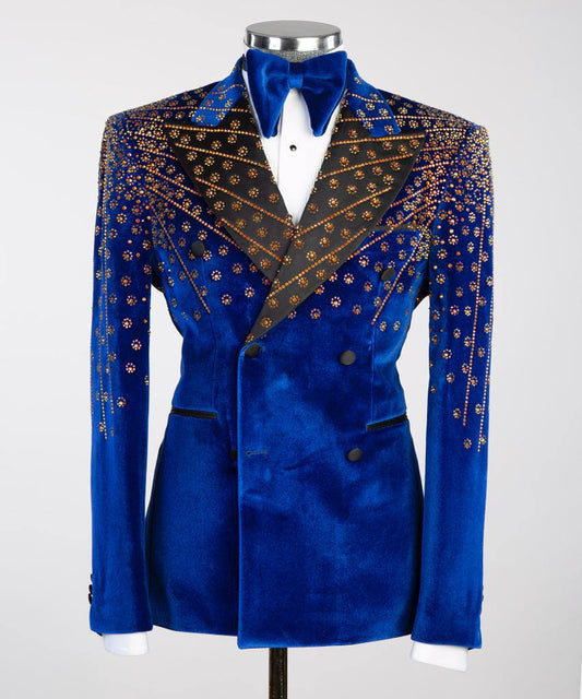 Blue Velvet Tuxedo, Gold Rhinestone, Double-Breasted