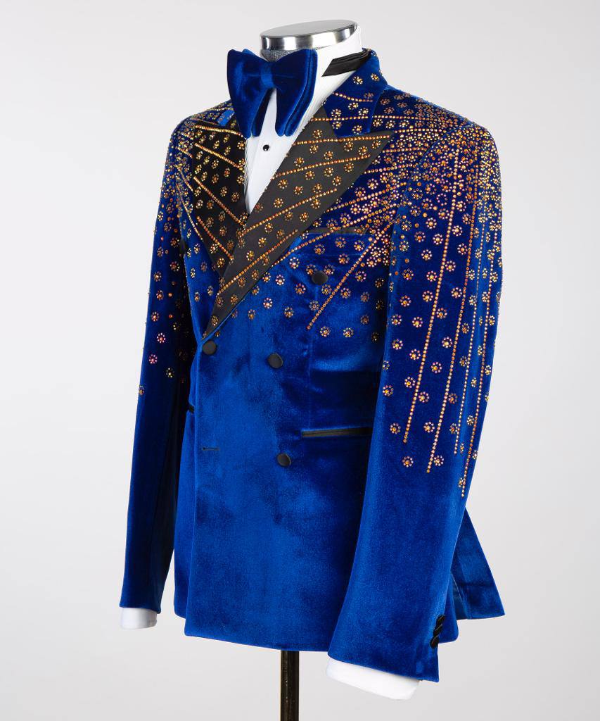 Blauer Samt-Smoking, goldener Strass, Zweireiher