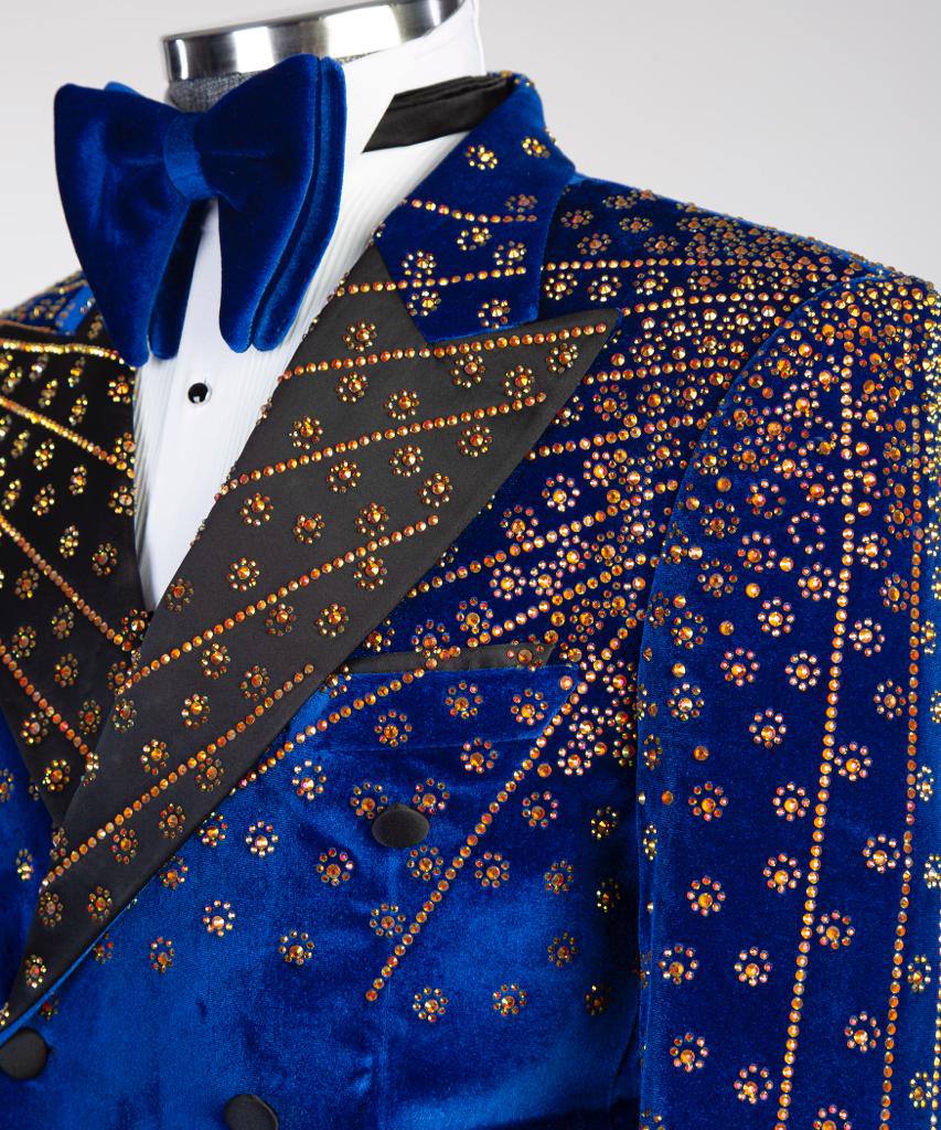 Blauer Samt-Smoking, goldener Strass, Zweireiher