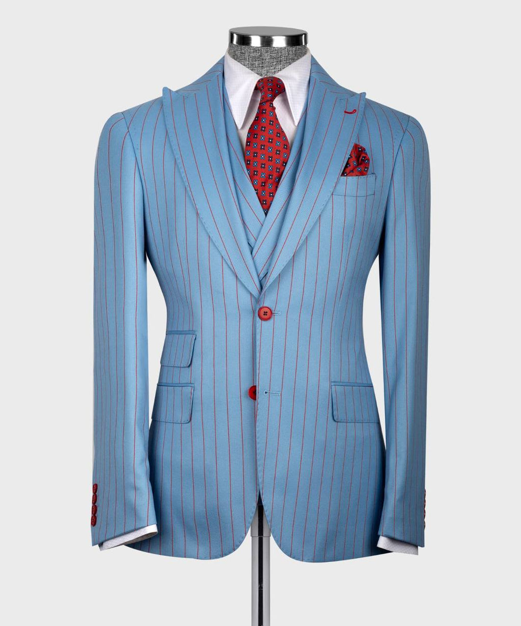 Men's Suit Set, %100 Wool, Striped, Blue