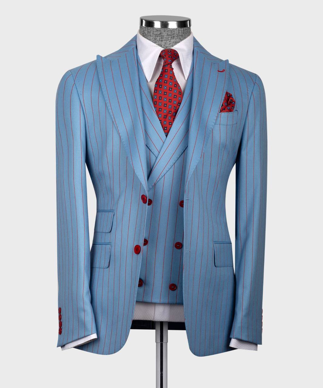Herren Anzug-Set, 100% Wolle, gestreift, Blau