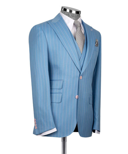 Men's Suit Set, %100 Wool, Striped, Blue
