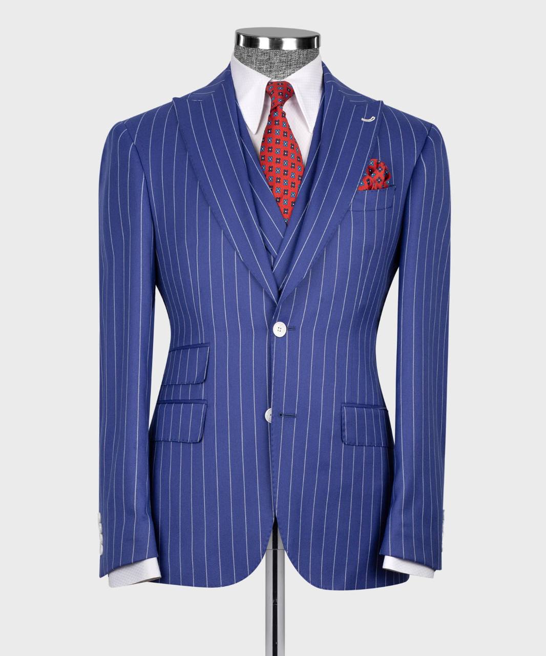 Herrenanzug-Set, 100 % Wolle, gestreift, Blau