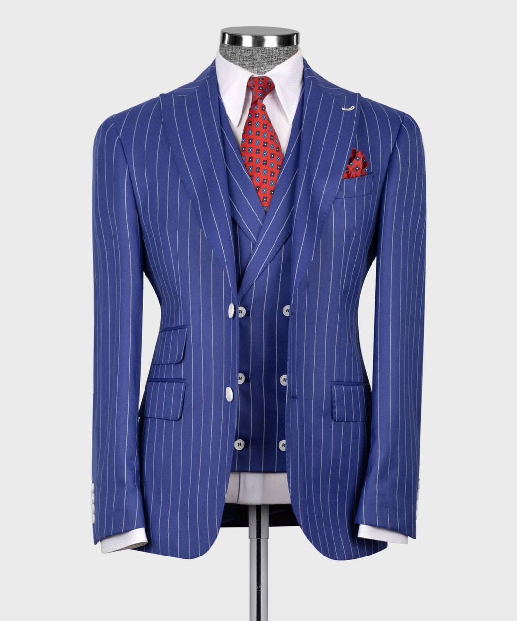 Herrenanzug-Set, 100 % Wolle, gestreift, Blau