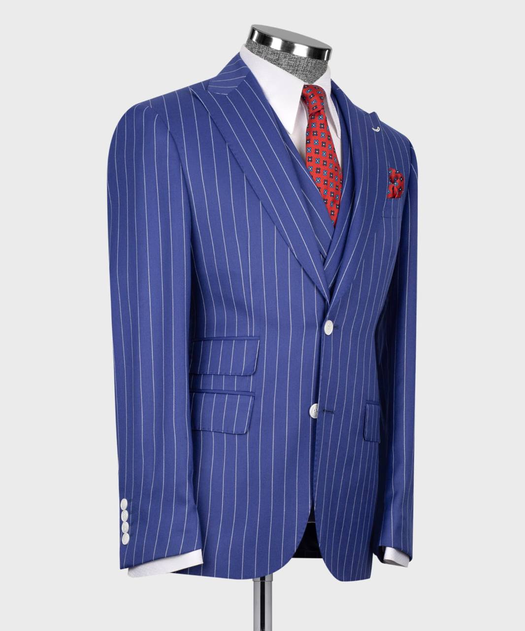 Herrenanzug-Set, 100 % Wolle, gestreift, Blau