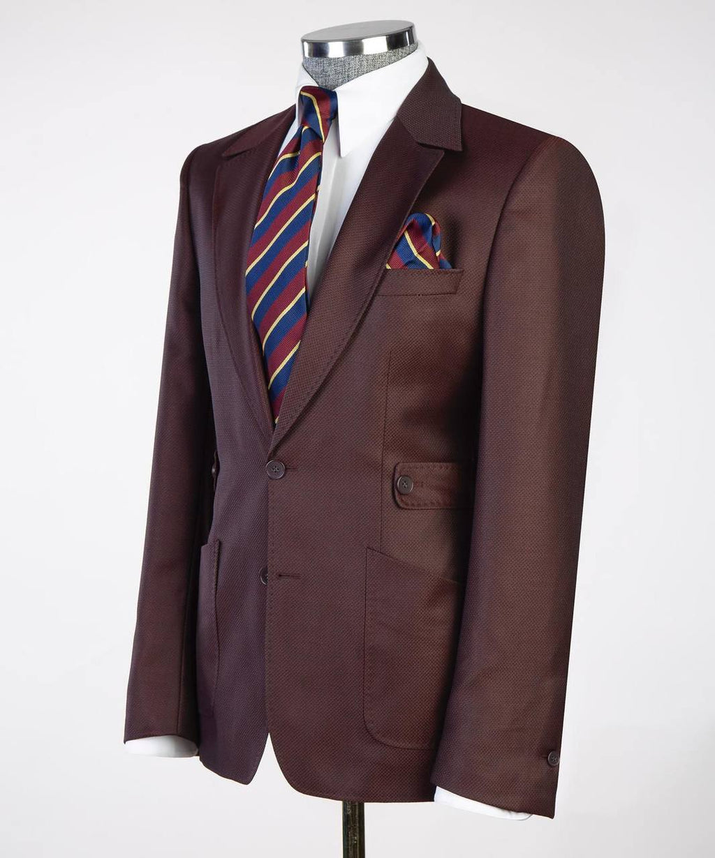 Men's 2 Piece Suit with Buttoned Belt-Burgundy