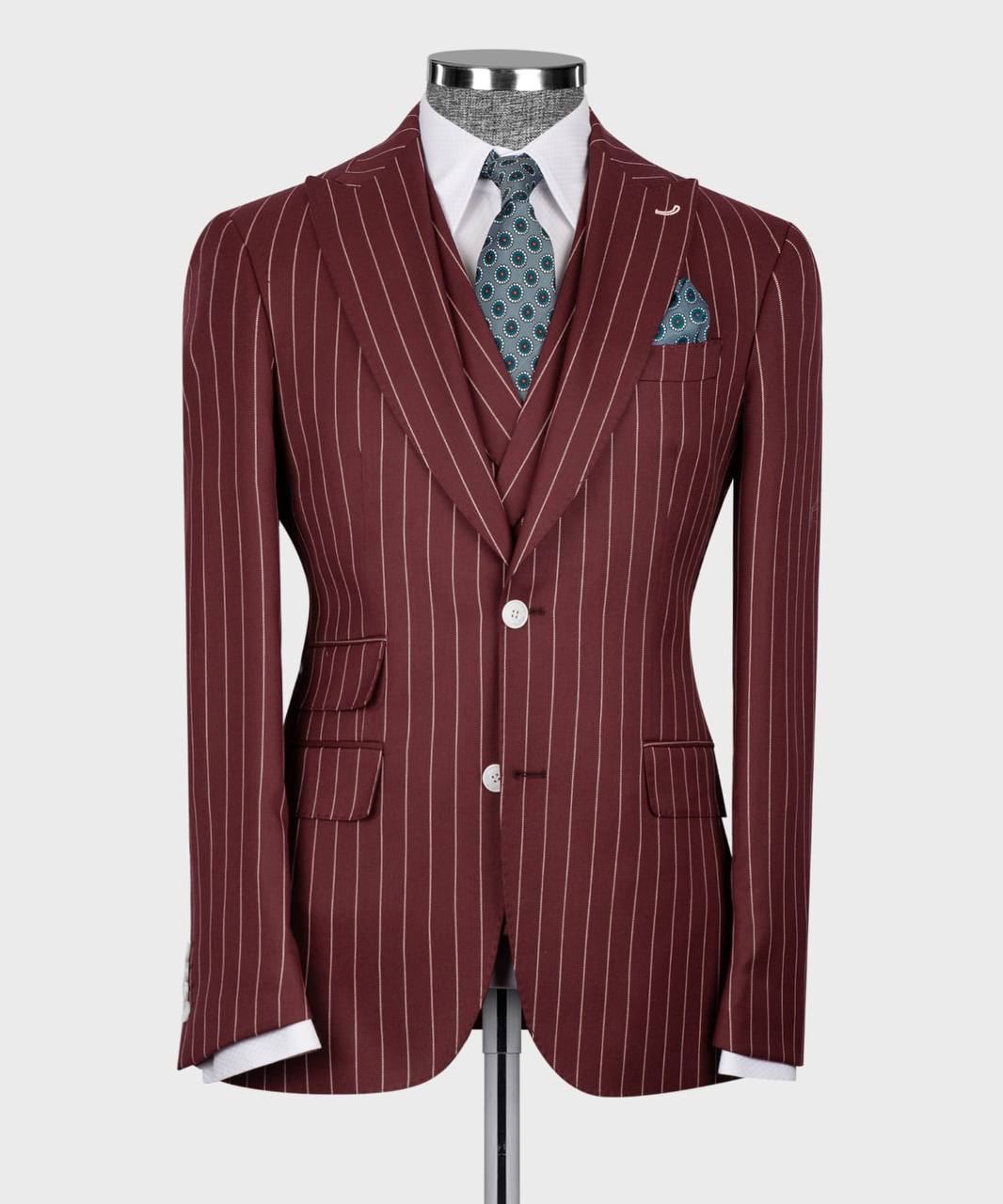 Men's Suit Set, %100 Wool, Striped, Burgundy