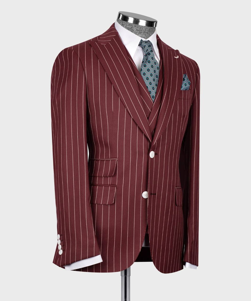Herrenanzug, 100 % Wolle, gestreift, Bordeaux
