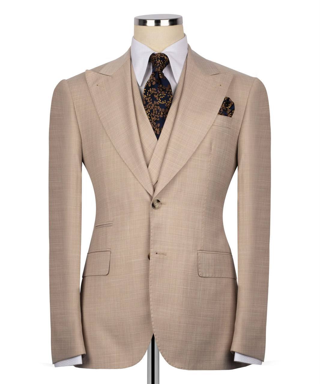 three piece milky brown suit set for men with vest and throuser