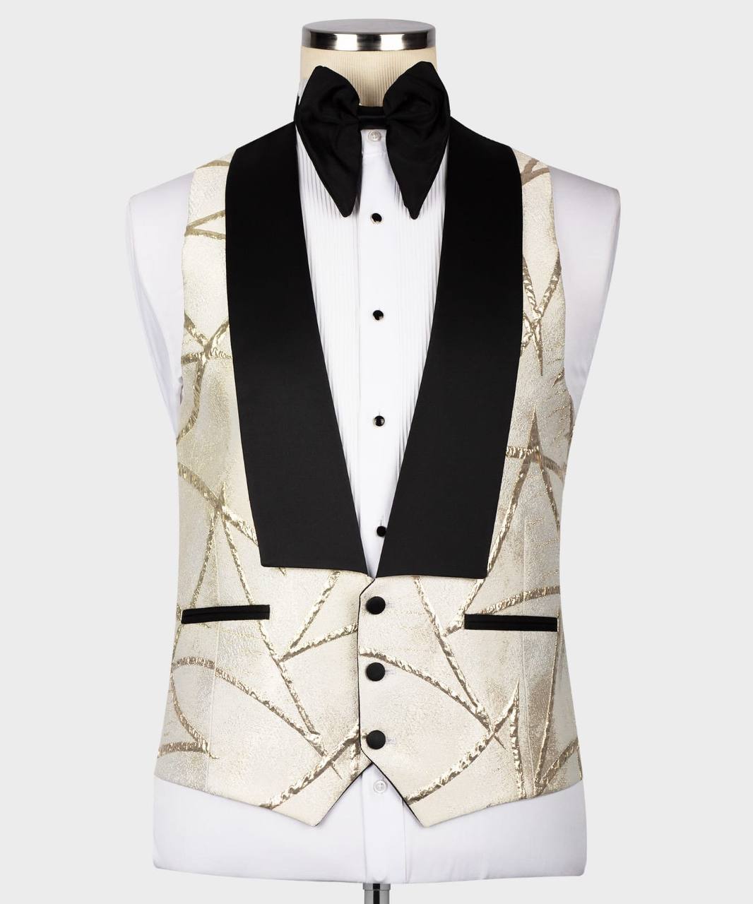 Herren-Tuxedo -Creme -Goldenes Muster mit schwarzem Kragen