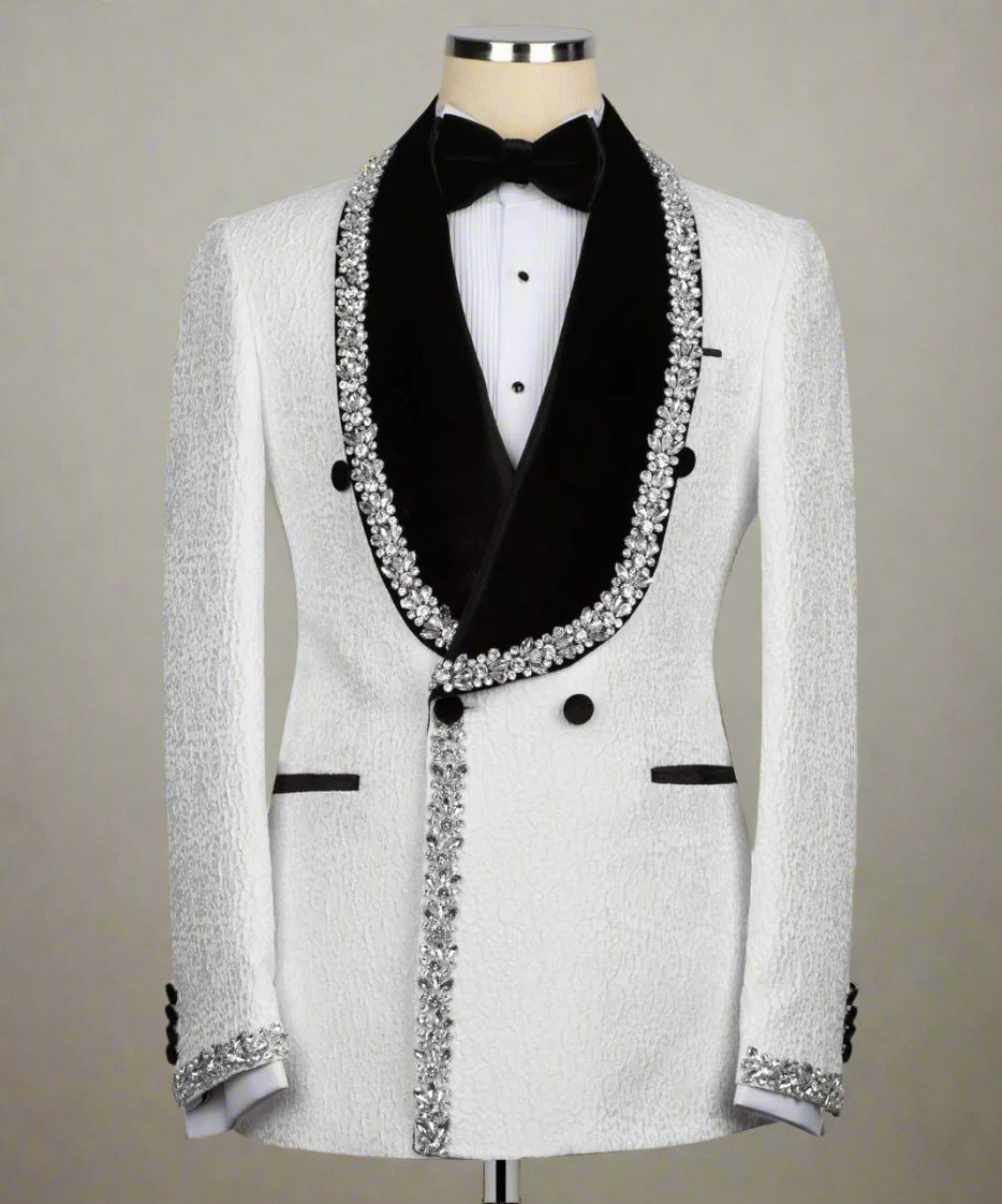 Luxury beaded tuxedo, crystal-embellished suit, men's designer tuxedo, wedding tuxedo set, black and white tuxedo, formal event suit, premium beaded jacket, rhinestone tuxedo, embroidered men's blazer.