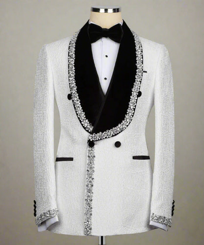 Luxury beaded tuxedo, crystal-embellished suit, men's designer tuxedo, wedding tuxedo set, black and white tuxedo, formal event suit, premium beaded jacket, rhinestone tuxedo, embroidered men's blazer.