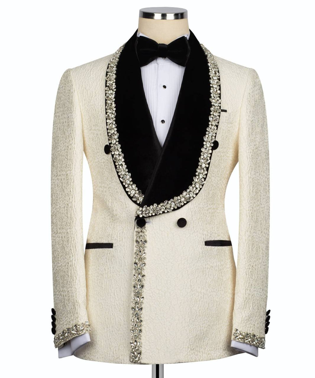 Cream & Black Beaded Tuxedo – 2 Piece Luxury Set