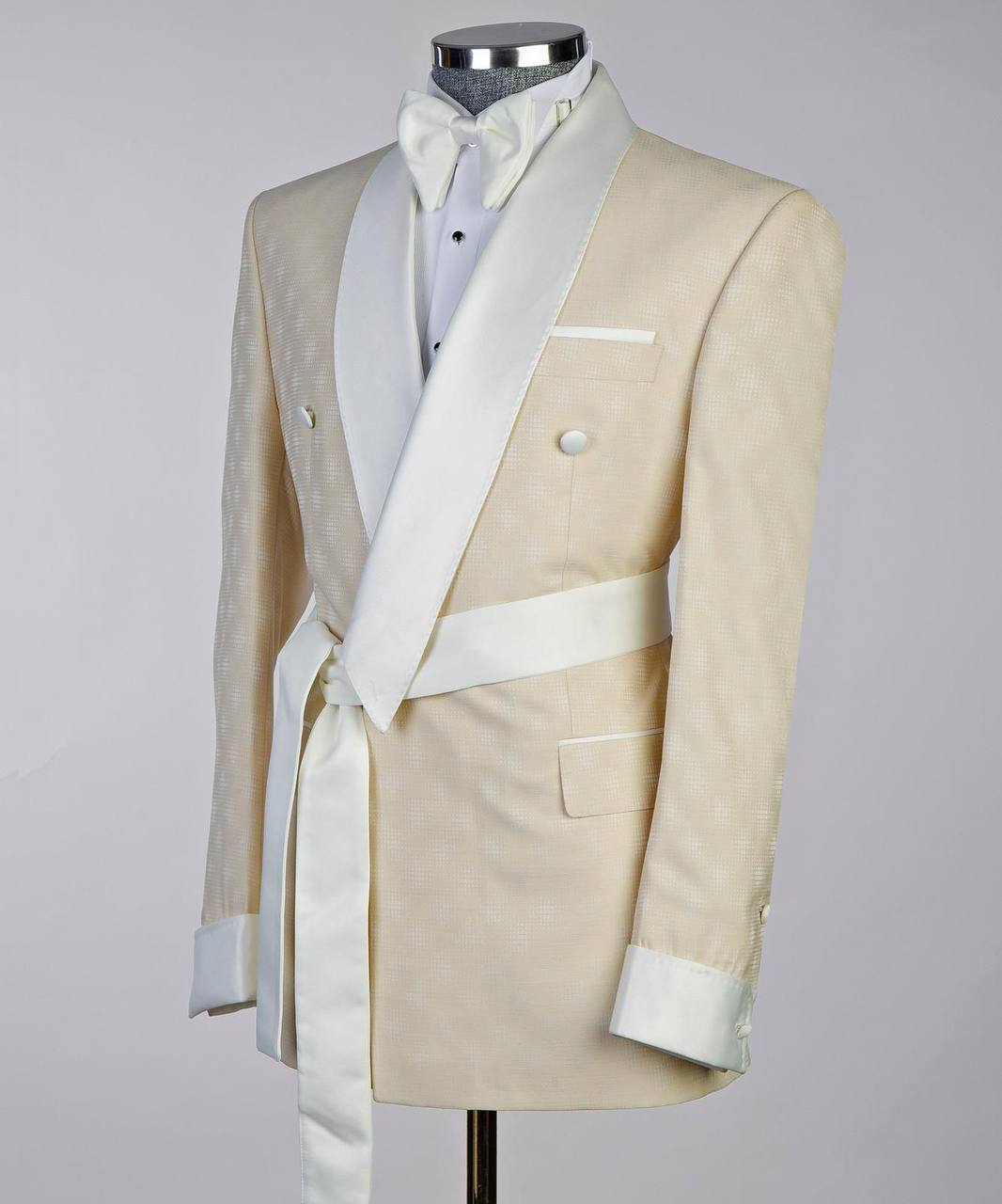 Exclusive Cream Tuxedo with White Satin Cross Lapel