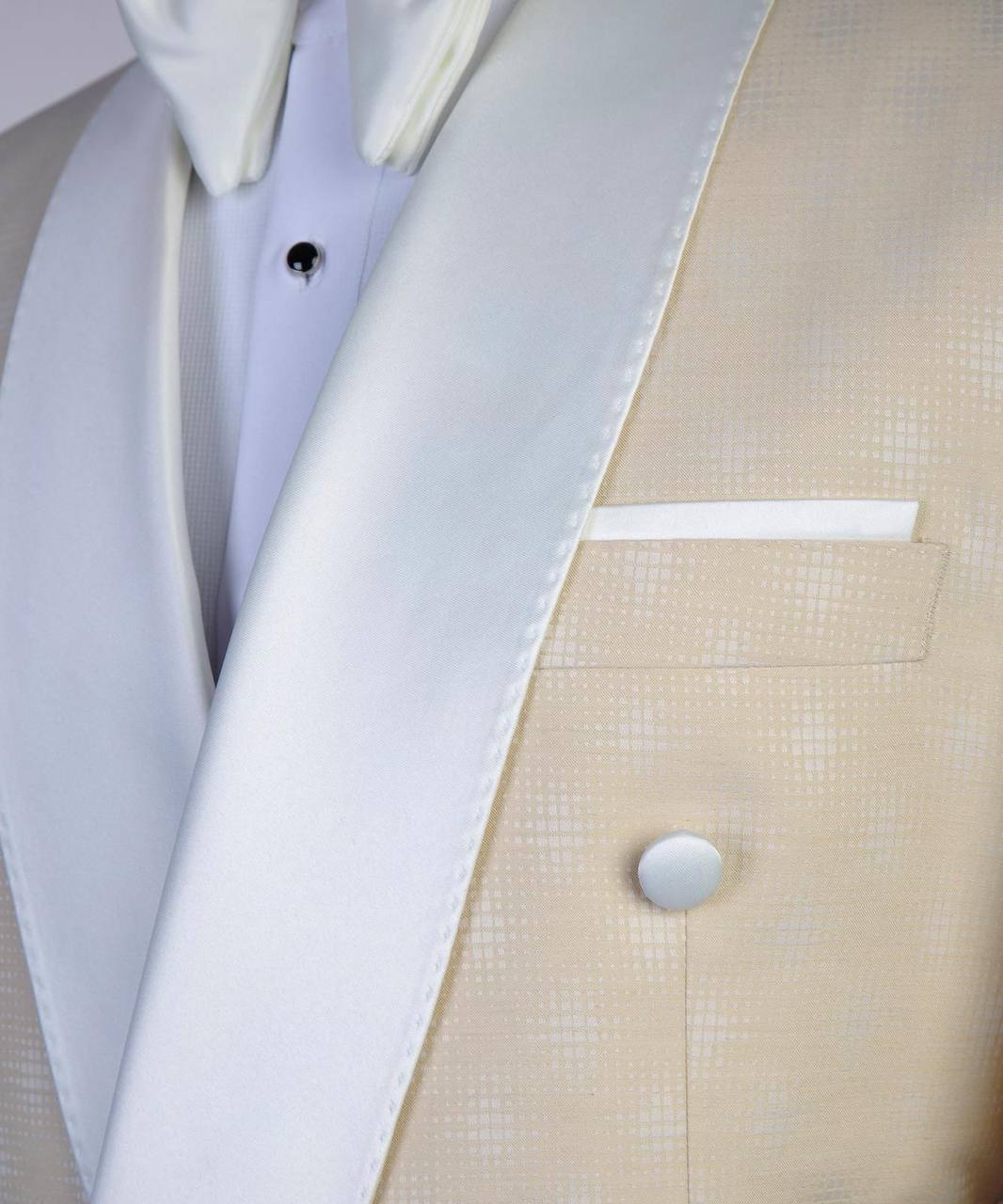 Exclusive Cream Tuxedo with White Satin Cross Lapel