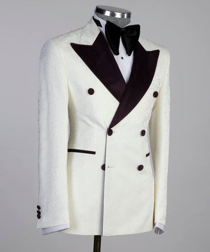 Double Breasted Beige Tuxedo with Black Collar