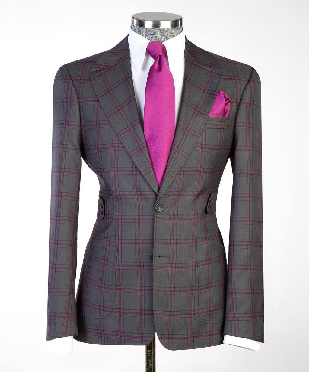 Men's Plaid Suit with Buttoned Belt-Grey/Pink