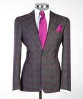 Men's Plaid Suit with Buttoned Belt-Grey/Pink