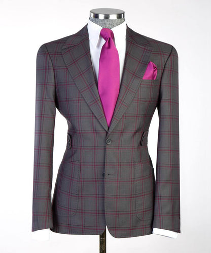 Men's Plaid Suit with Buttoned Belt-Grey/Pink