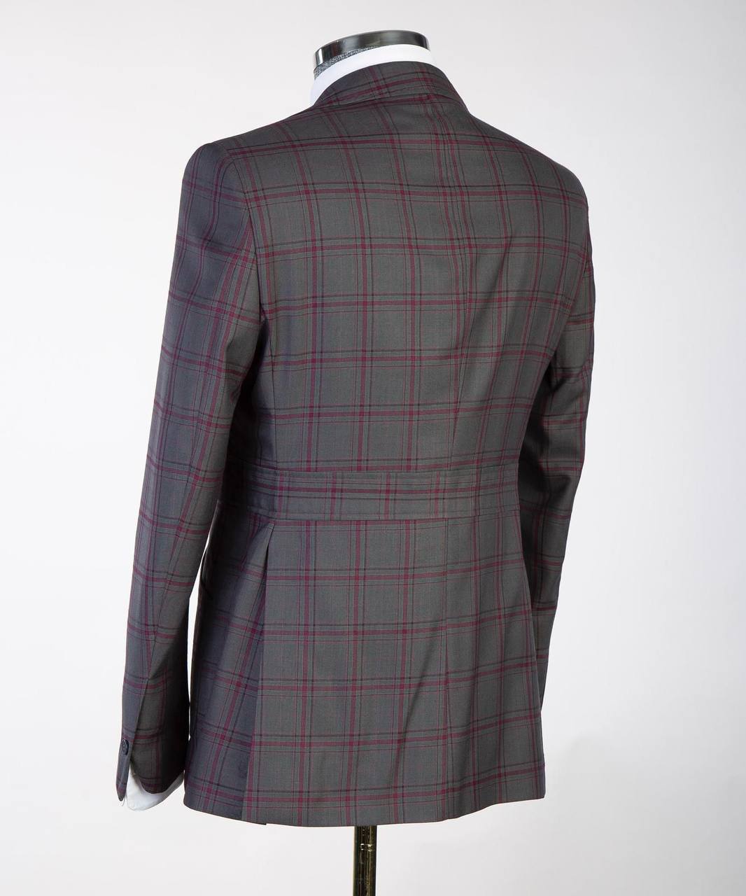 Men's Plaid Suit with Buttoned Belt-Grey/Pink