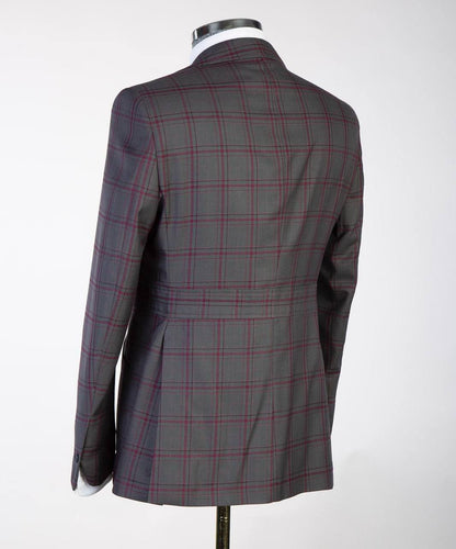 Men's Plaid Suit with Buttoned Belt-Grey/Pink