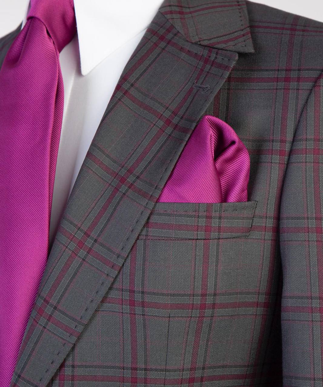 Men's Plaid Suit with Buttoned Belt-Grey/Pink