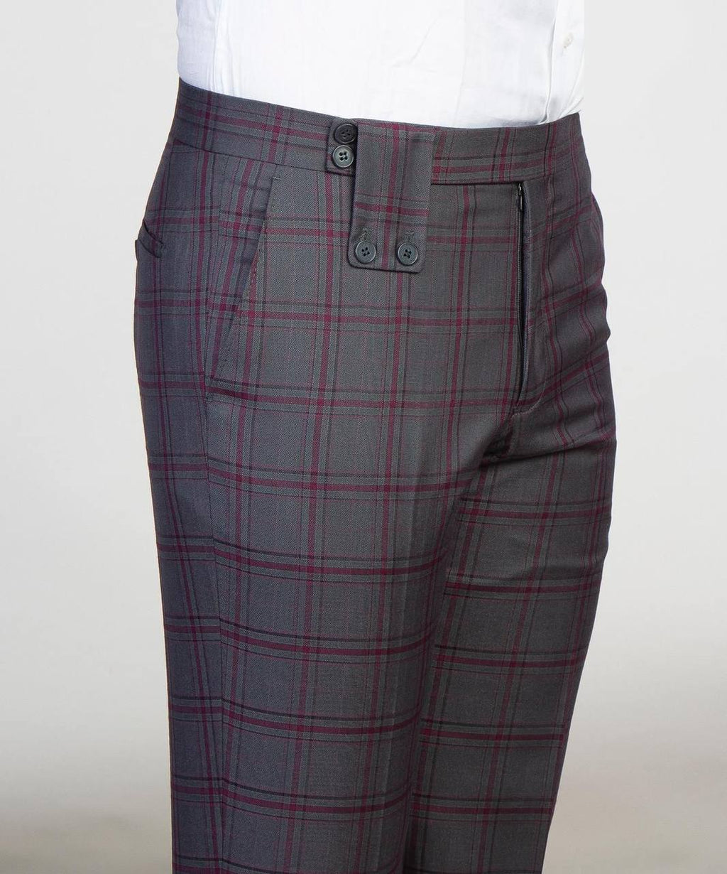 Men's Plaid Suit with Buttoned Belt-Grey/Pink