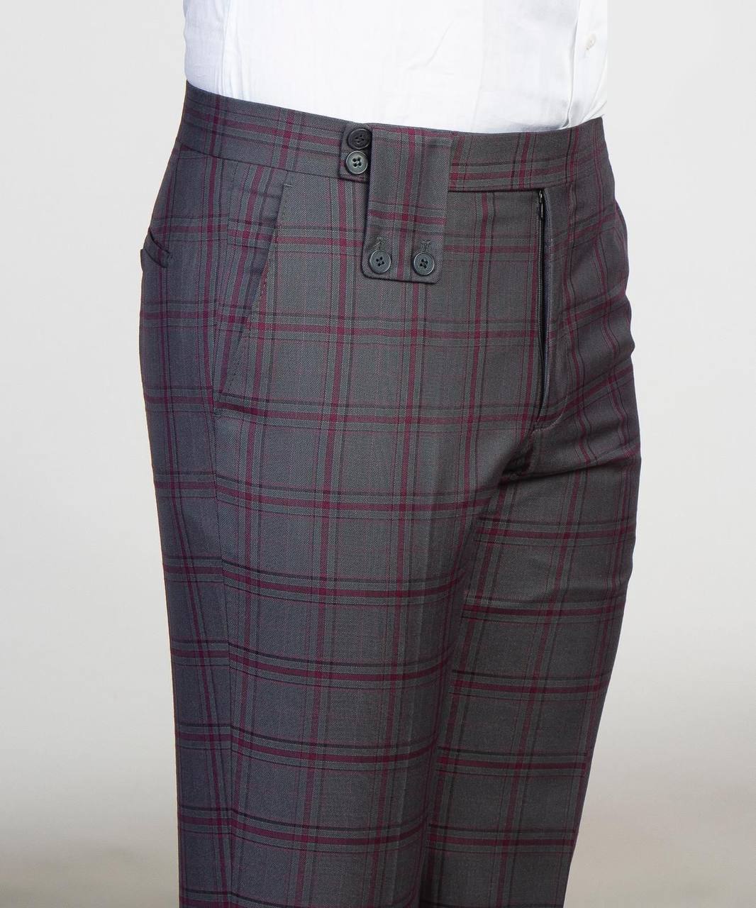 Men's Plaid Suit with Buttoned Belt-Grey/Pink