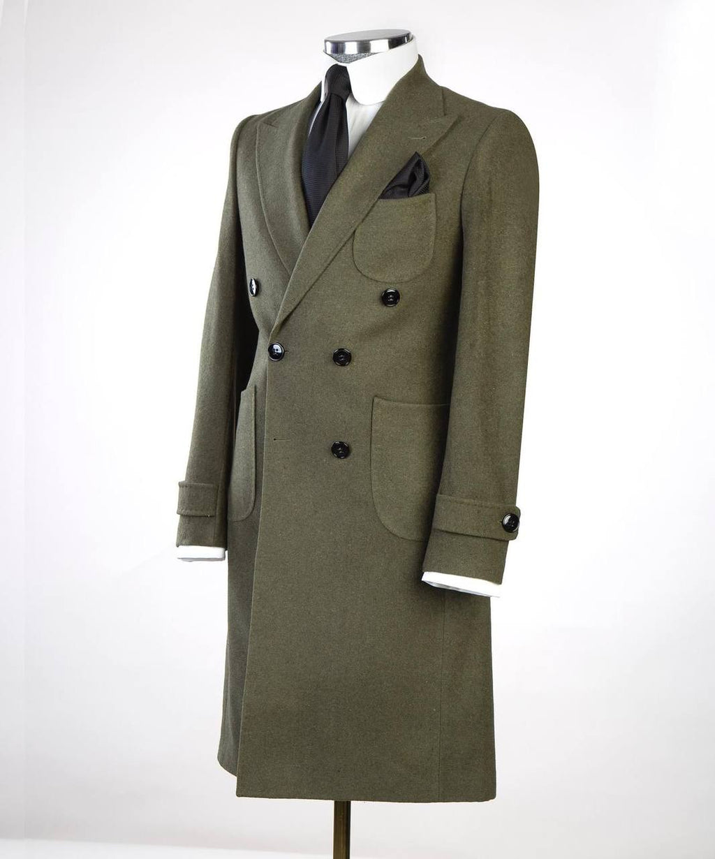 Green Wool Overcoat for Men-Double-Breasted