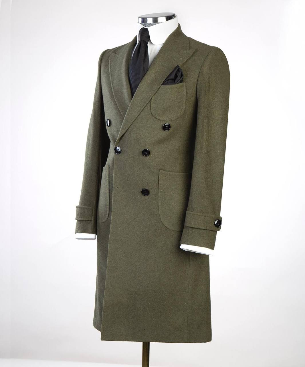 Green Wool Overcoat for Men-Double-Breasted