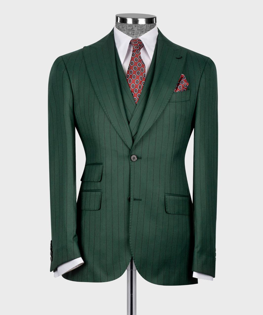 Men's Suit Set, %100 Wool, Striped, Green