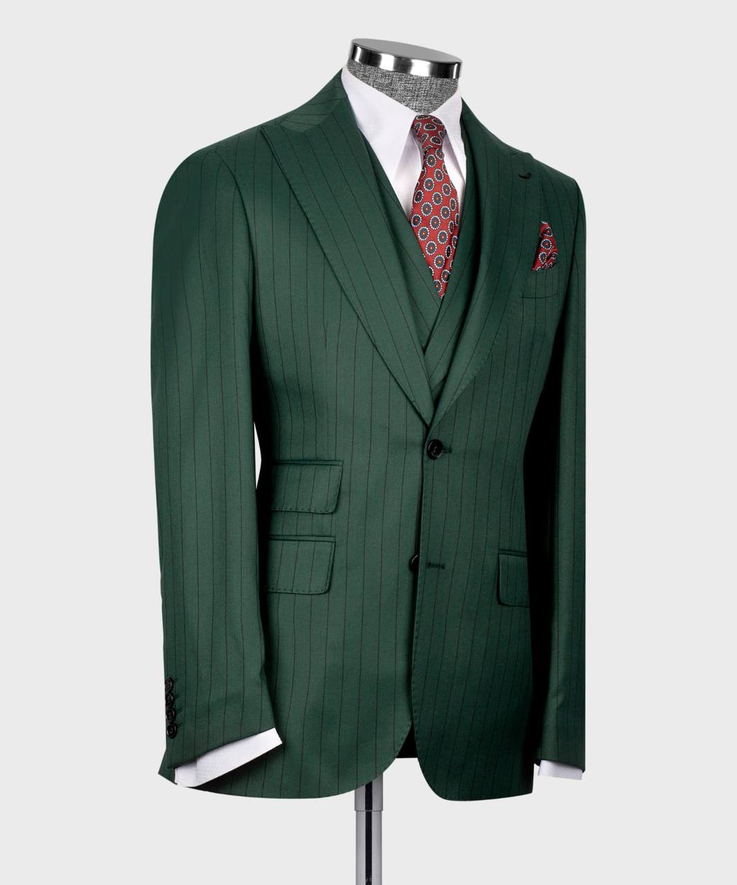 Herren Anzug-Set, 100% Wolle, Gestreift, Grün