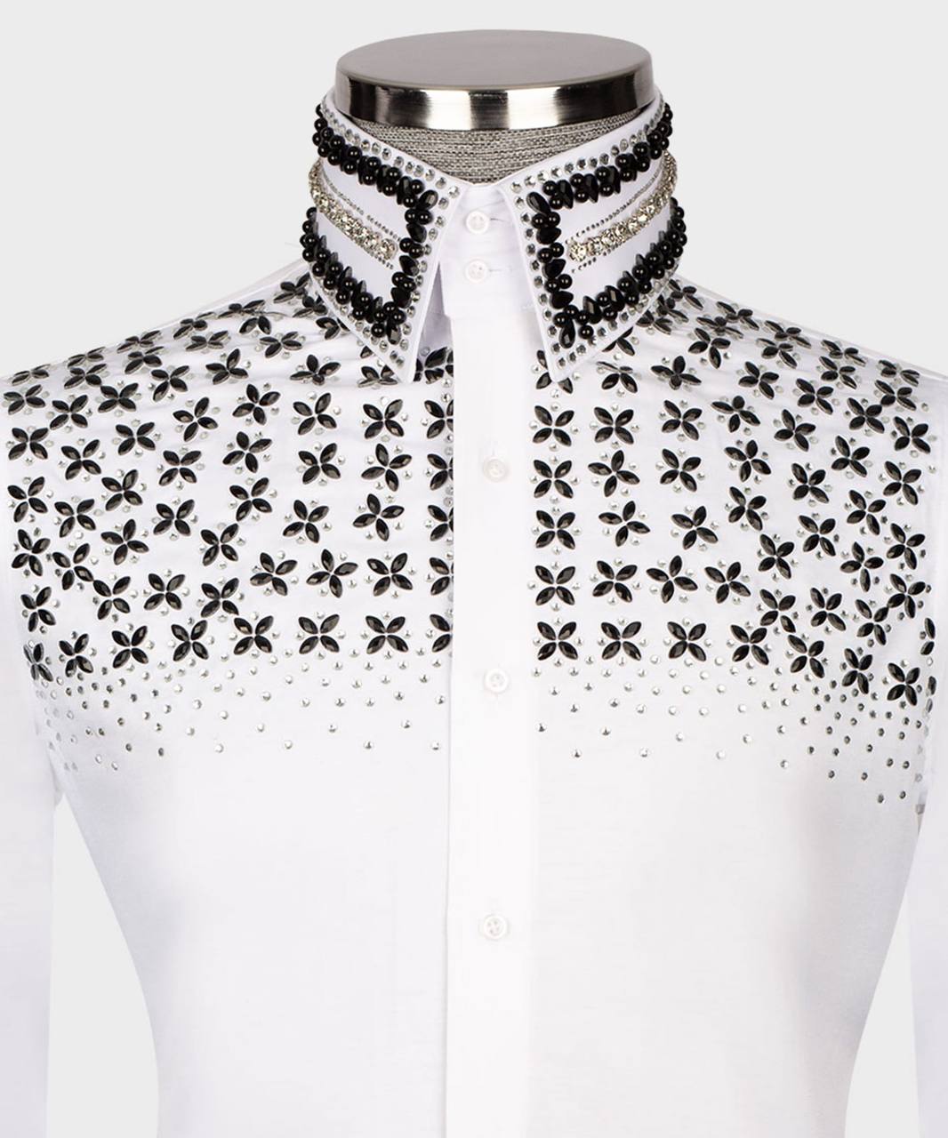 High Collar Shirt-White Beaded