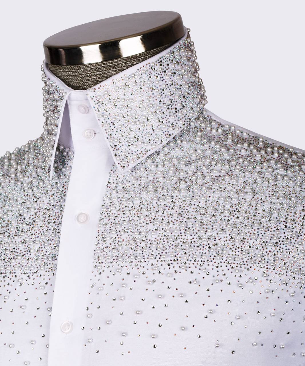 High Collar Shirt-White-Grey Beaded