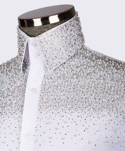High Collar Shirt-White-Grey Beaded