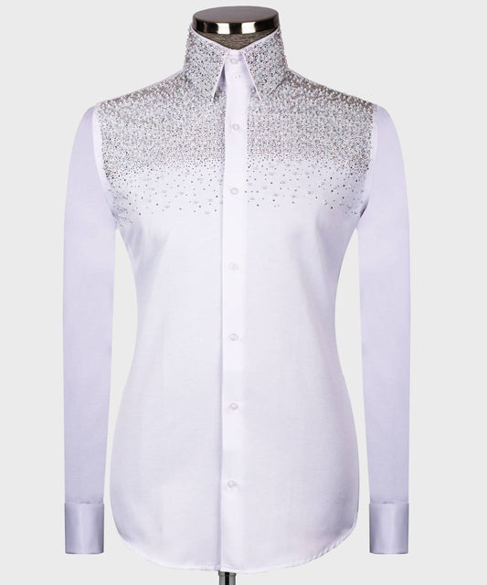 High Collar Shirt-White-Grey Beaded