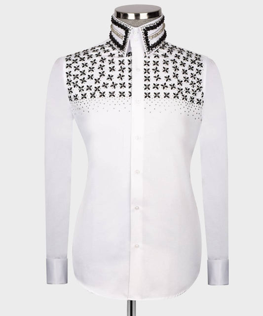 High Collar Shirt-White Beaded