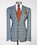 Men's Plaid Suit with Buttoned Belt-Grey/White