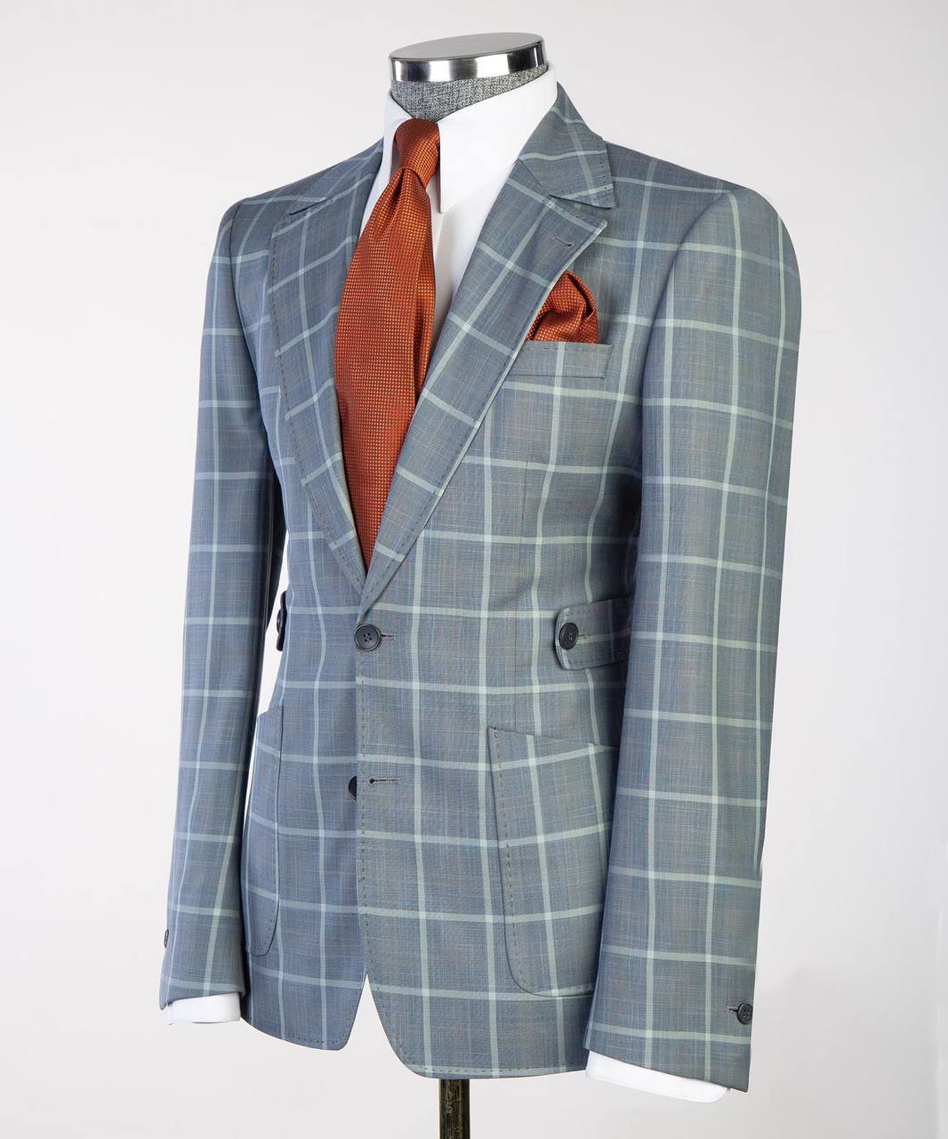 Men's Plaid Suit with Buttoned Belt-Grey/White