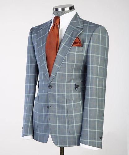 Men's Plaid Suit with Buttoned Belt-Grey/White