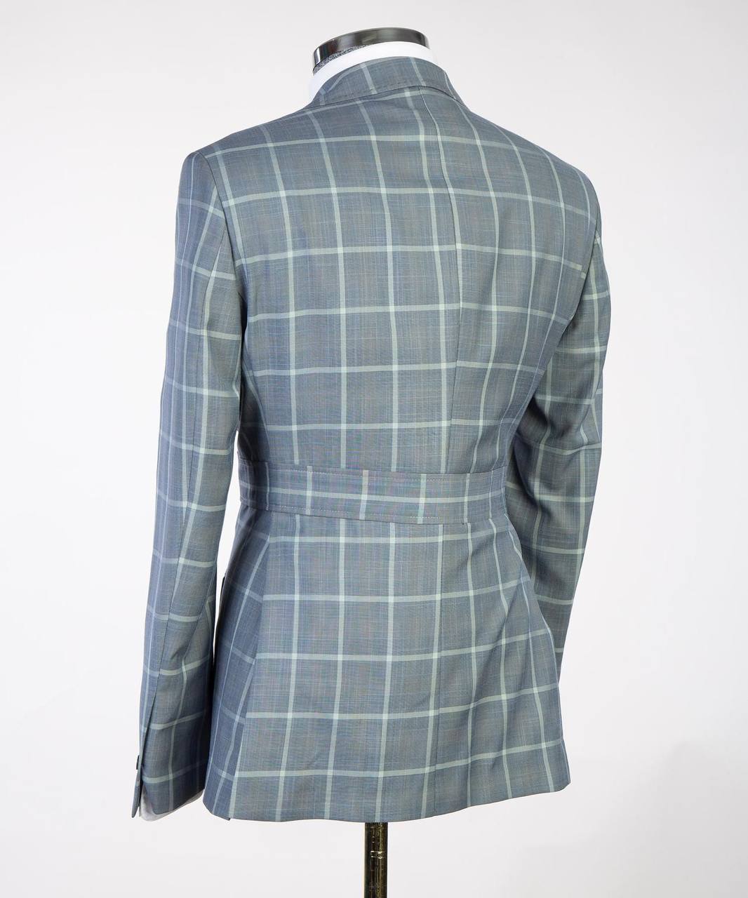 Men's Plaid Suit with Buttoned Belt-Grey/White