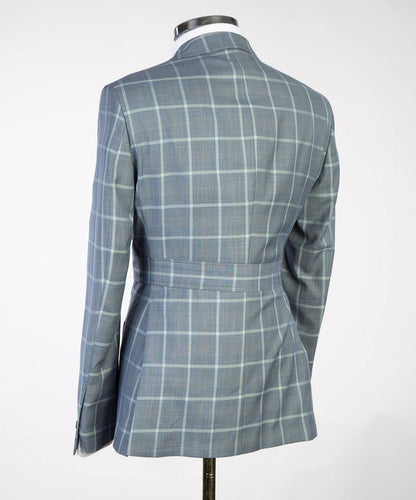 Men's Plaid Suit with Buttoned Belt-Grey/White