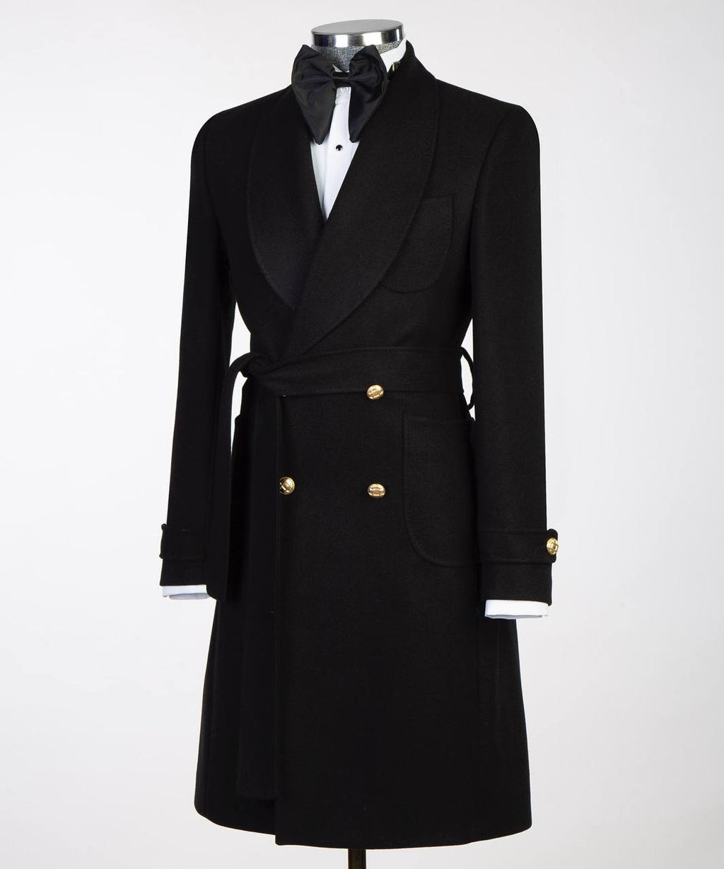 Men's Black-Wool-Belted-Coat