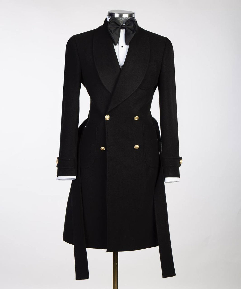 Men's Black-Wool-Belted-Coat