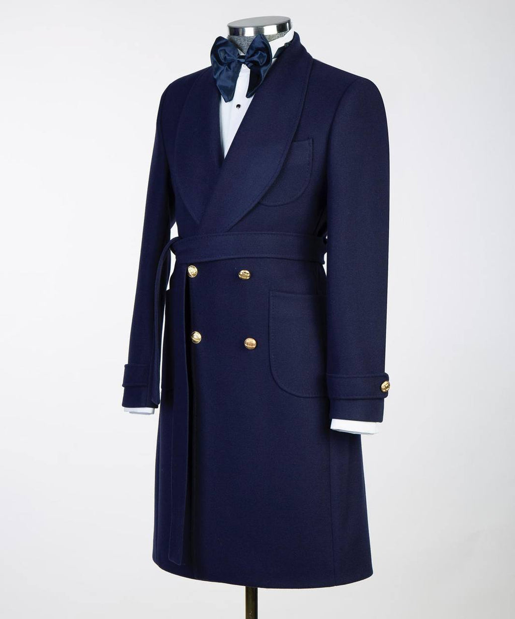 Men's Navy Wool Coat-Belted