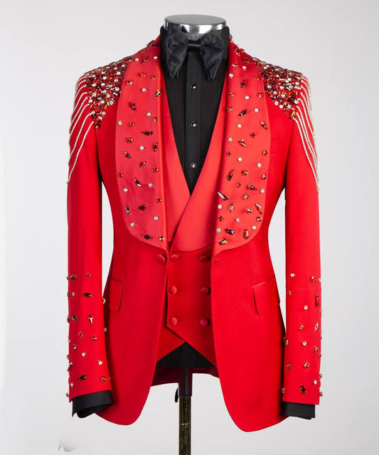 Men's Red Tuxedo, Silver Gem Stoned