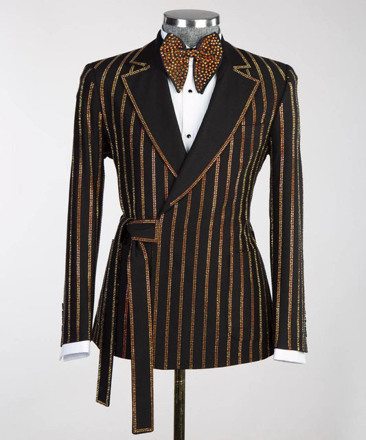 Men's Black Tuxedo, Gold Stripe Stoned Design