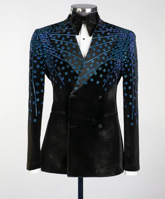 Black Velvet Tuxedo, Blue Rhinestone, Double-Breasted