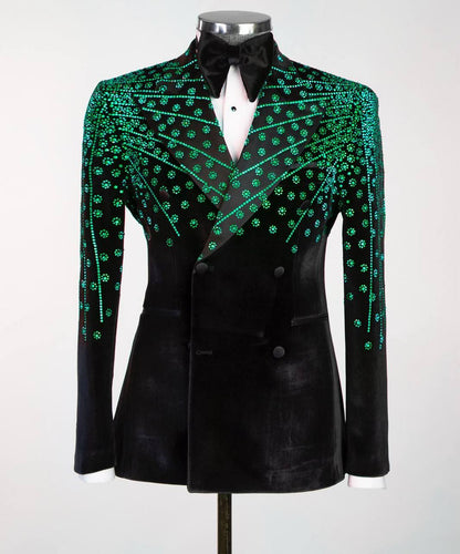 Black Velvet Tuxedo, Green Rhinestone, Double-Breasted